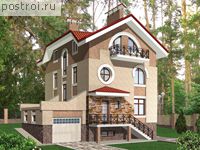 C-310-1K проект трехэтажного дома из кирпича с цоколем и мансардой и гаражом размером 15 на 12 