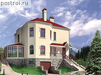 C-312-1P проект двухэтажного дома из пенобетона с цоколем и гаражом размером 15 на 13