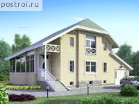 K-250-1P проект двухэтажного коттеджа из газобетона с цоколем и гаражом размером 9 на 15 