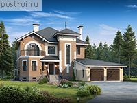 L-256-1P проект двухэтажного дома из газобетона с цоколем и гаражом размером 19 на 17 