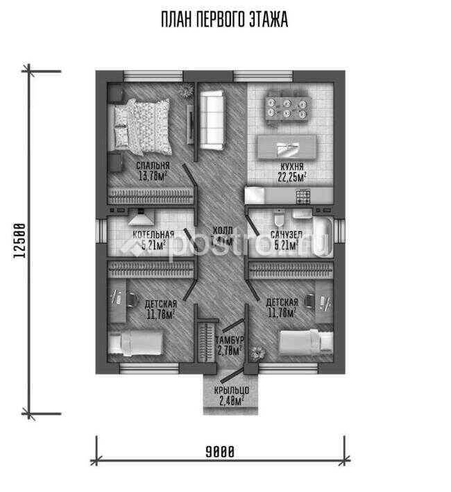 P-081-1P проект дома из пеноблока размером 9 на 13 - 1-й этаж P-081-1P проект дома из пеноблока размером 9 на 13 - 1-й этаж