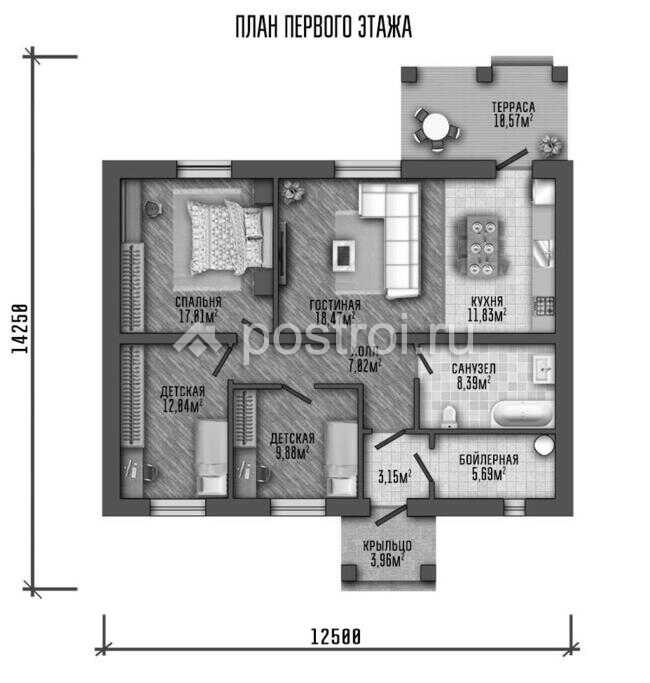 P-101-1P проект коттеджа из пенобетона размером 13 на 14 - 1-й этаж P-101-1P проект коттеджа из пенобетона размером 13 на 14 - 1-й этаж