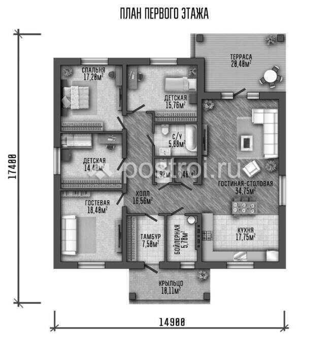 P-101-2P проект коттеджа из пенобетона размером 15 на 17 - 1-й этаж P-101-2P проект коттеджа из пенобетона размером 15 на 17 - 1-й этаж