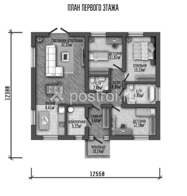 P-106-1P проект коттеджа из пенобетона размером 13 на 12 - 1-й этаж P-106-1P проект коттеджа из пенобетона размером 13 на 12 - 1-й этаж