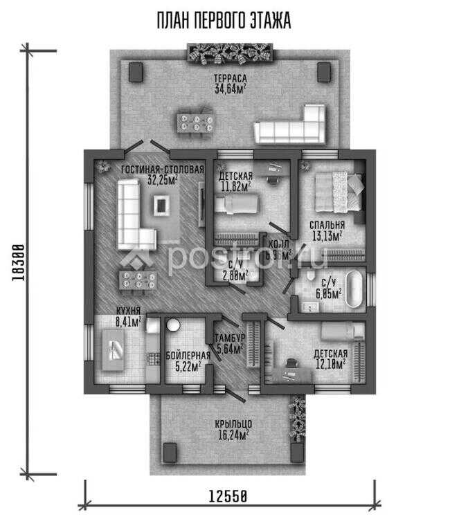 P-130-1P проект коттеджа из газобетона размером 13 на 18 - 1-й этаж P-130-1P проект коттеджа из газобетона размером 13 на 18 - 1-й этаж