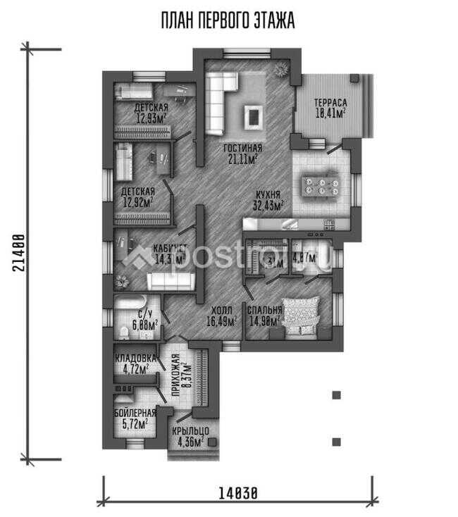 P-136-1P проект дома из газобетона с гаражом размером 14 на 21 - 1-й этаж