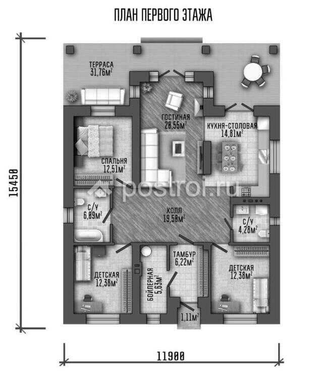 P-147-1P проект дома из газобетона размером 12 на 15 - 1-й этаж P-147-1P проект дома из газобетона размером 12 на 15 - 1-й этаж