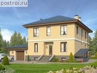 U-311-1P проект двухэтажного дома из пенобетона с цоколем и гаражом размером 15 на 13 