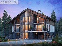 U-374-1K проект двухэтажного дома из кирпича с цоколем и гаражом размером 15 на 13 